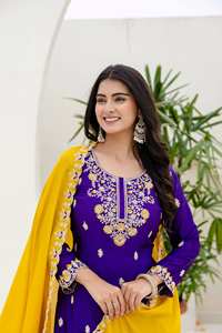 Nouveau concepteur PALAZZO avec tissu en mousseline de soie KURTA & DUPATTA avec codage de séquence de broderie pour les occasions de fête LANCEMENT exclusif - Product Image 4