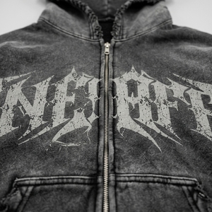 Dark <b>Grey</b> Washed <b>Zip</b> Up <b>Hoodie</b> Oversized Streetwear Graphic Fleece Sweatshirt Distressed Raw Hem Casual Unisex Jacket - Product Image 3
