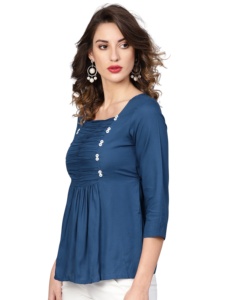 Top azul de rayón dobby con lunares, cuello cuadrado y mangas tres cuartos, corte en forma de S, talla S, suave al tacto. - Product Image 3