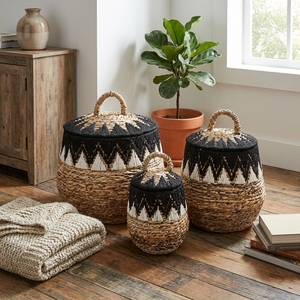Ensemble de paniers en macramé en écorce de bananier naturelle avec couvercle, motif tribal noir et blanc, pot de rangement, décoration artistique pure pour la conception d'intérieur - Product Image 6