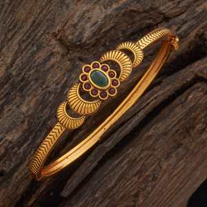 Antique Fashion Copper Alloy Flower Bangle with Gold Polish Green/<b>Ruby</b>-Green Synthetic Stones for Women's Wedding 184519 Kada - Product Image 1