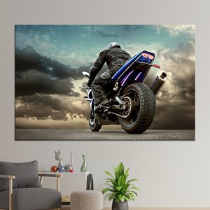 Tableau sur toile élégant sur le thème de la moto : motif imprimé par temps nuageux, toile encadrée - Product Image 1