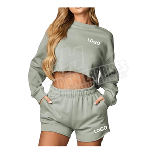 Conjunto de 2 piezas de algodón ligero para mujer, Conjunto de sudadera hasta la rodilla y pantalones cortos, chándal de lana de talla grande, prendas de vestir exteriores - Product Image 1