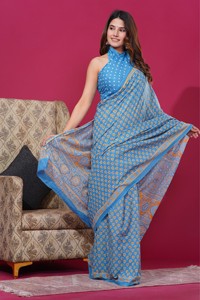 Mulmul traditionnel indien coton bloc à la main Batik imprimé Saree Blouse nouveau Bollywood Designer mariage Saree pour l'été indien - Product Image 6