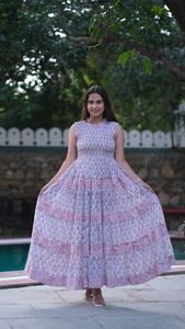 Maxi vestido de estilo tradicional de alta calidad para mujer, estampado Floral, estampado de bloques, abrigo de lino, algodón, informal, Midi Fit, corto acampanado - Product Image 6