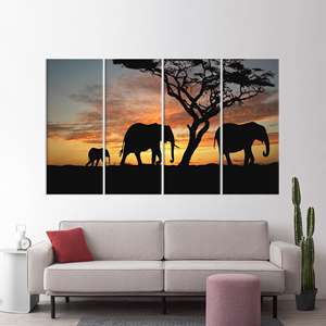 Elegante Impresión de Atardecer Africano: Silueta de Elefante en Lienzo, Juego de 4 Lienzos - Product Image 1