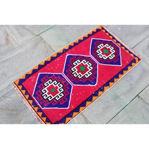 1.6x2.9 ft Small Turkish Vintage Rug, <b>Red</b> Ikat <b>Wool</b> Rug - Product Image 3