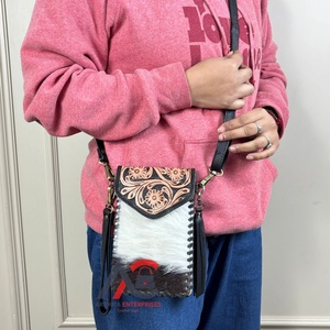 Bolsos de Mano de Cuero Vacuno Hechos a Mano para Mujer, Bolsos Cruzados con Borlas, Mini Bolsos de Teléfono Estilo Occidental, Bolsos de Teléfono con Correa de Muñeca de Piel con Pelo - Product Image 1