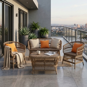 Brown Plastic <b>Rattan</b> <b>Outdoor</b> Garden Furniture Set Iron Frame Woven PE Wicker <b>Sofa</b> Armchairs Table Patio Decor Setup Art Design - Product Image 3