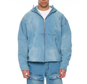 Veste pour homme en denim de coton personnalisée OEM Veste de travailleur à capuche zippée unie délavée vintage de haute qualité pour hommes - Product Image 1