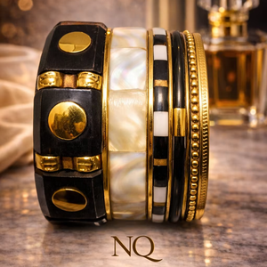 Premium Black Gold Bangle Set – Resin & Alloy <b>Stack</b> <b>Bracelets</b> with Rhinestones for Women, Trendy Fashion Jewelry Wholesale - Product Image 1