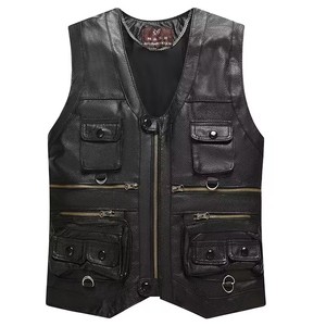2025 nouveau gilet en cuir mâle mince Commercial mâle en cuir gilet en peau de mouton en cuir hommes gilet gilet avec de nombreuses poches - Product Image 1