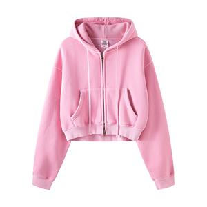 360 grammes polaire fermeture éclair coton fait à capuche femmes mode sweats à capuche fermeture éclair veste couleur unie teint tenue décontracté sweat à capuche court - Product Image 3