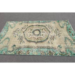 Tapis Oriental Vert Beige Laine 4.2X7.3 ft Fait Main Turc Aubusson Design pour Salon Couloir Patchwork Rectangle Latex - Product Image 3