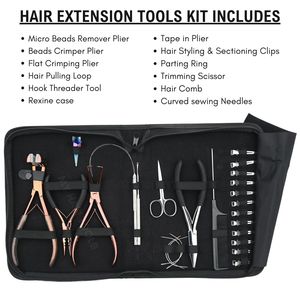 Ensemble d'outils pour extensions de cheveux avec pince à ouvrir les perles, pince à sertir plate, pince à sertir pour extensions à ruban, ciseaux à séparer les cheveux, crochet en boucle - Product Image 2