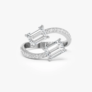 Anillo de Boda Moderno con Doble Piedra, Estilo Bypass, con Dos Diamantes Talla Esmeralda en Oro Amarillo de 18K, Anillo de Diamantes de Laboratorio - Product Image 3