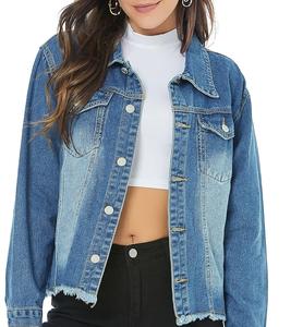 Chaqueta vaquera con botones alargados de talla grande, Chaqueta vaquera azul en blanco con logotipo personalizado, bolsillos delanteros elegantes, Chaquetas vaqueras transpirables para niñas - Product Image 3