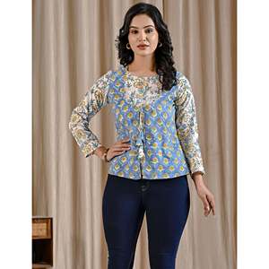 เสื้อผู้หญิงผ้าฝ้ายสีน้ำเงินพิมพ์ลายบล็อกด้วยมือ ทรงเอซิมเมตริก ระบายอากาศได้ดี ผ้าป๊อปลิน ปักลายดอกไม้ ไซส์ XS-XL เหมาะสำหรับใส่ทำงาน - Product Image 1