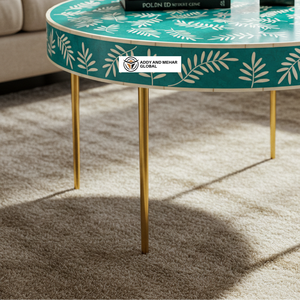 Table basse ronde moderne en os et résine indiens avec motif floral et base en métal doré - Product Image 5