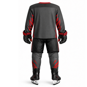 Uniforme de Hockey sobre Hielo con Cuello en V Más Vendido - Base Gris Oscuro con Detalles de Llama Roja Vibrante - Conjunto de Hockey Atlético Profesional para Hombre - Product Image 2