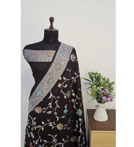 Sari en Georgette Tassur Pur de Créateur, Artisanat Traditionnel Banarasi Tilfi Meena, Motifs Meenakari Multicolores, Séchage Rapide, Idéal pour les Fêtes et la Protection Solaire - Product Image 6