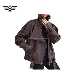Chaqueta tejida transpirable de piel de oveja marrón de gran tamaño para mujer, abrigo de un solo botón de cuello alto para otoño - Product Image 1