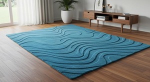 พรมขนปุยทำด้วยมือพรมปูพื้นแบบนุ่มทันสมัยพรมปูพื้นสีฟ้าลายคลื่นคุณภาพสูงสำหรับห้องนั่งเล่นและห้องนอนร่วมสมัย - Product Image 4