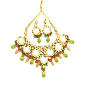 Ensemble de collier Monalisa en pierre verte orange Meenakari Kundan plaqué or, bijoux fins pour mariages et cadeaux, avec perle - Product Image 2