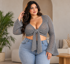 Top Corto de Punto Gris para Mujer, Manga Larga, Cuello en V, Lazo, Estilo Bohemio, Verano, Transpirable, Color Sólido, Tejido a Mano, Manga Farol - Product Image 2