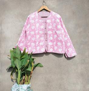 Indian Style Women's Casual Quilted Cotton Seamless Fusing <b>Hand</b> Block Printed Sky Blue Floral Winter Coat Woven <b>Washed</b> Technique - Product Image 1