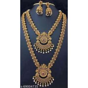 Ensemble de collier long et court de style temple indien du Sud et boucles d'oreilles Jumkha, et bijoux traditionnels anciens - Product Image 1