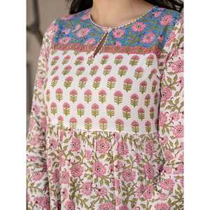 Vestido Anarkali de Algodón Blanco con Estampado de Bloques, Estilo Boho Elegante, Transpirable y de Talla Única para Invitadas de Boda, Suministro ODM - Product Image 2