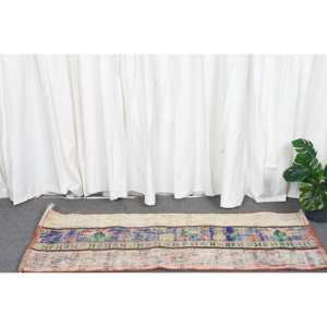 Alfombra turca beige vintage de 1,4X4 pies, diseño clásico de retazos de lana hecho a mano con respaldo de látex para sala de estar o dormitorio - Product Image 2