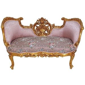 Lussuoso divano in mogano in foglia d'oro vittoriana tessuto rosa tappezzeria di arazzi floreali-divano in schiuma ad alta densità personalizzabile a due posti - Product Image 1