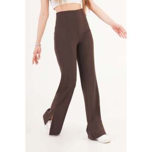 Pantalones Acampanados con Abertura Lateral Color Marrón para Mujer LUSTRIN - Elegantes Pantalones de Mezcla de Viscosa al por Mayor para Oficina y Uso Casual - Product Image 1