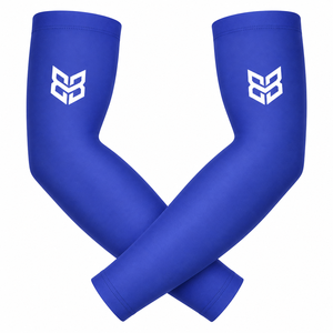 Manchons de cyclisme bleus personnalisés avec logo blanc imprimé par transfert thermique, protection anti-UV, compression en nylon pour adultes unisexe - Product Image 1