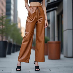 กางเกงหนังแกะยาวเอวยางยืดขากว้างสำหรับผู้หญิงกางเกงหนังแท้ทรงหลวม - Product Image 2