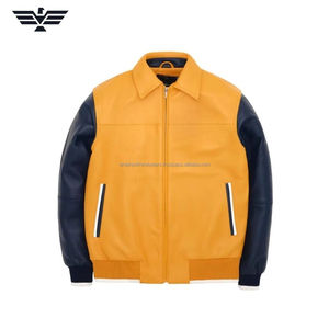 Blouson aviateur en cuir au design unique pour hommes, respirant, hiver, côtelé contrasté, haut de gamme, streetwear, fermeture éclair sur le devant, logo, doublure en fausse fourrure - Product Image 4