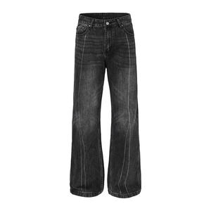 กางเกงยีนส์ขาตรงสไตล์วินเทจของผู้ชายสีดำเทาหินฟอกสีฮิปฮอปดีไซเนอร์กลางเอวสูง - Product Image 1