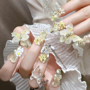 <span class=keywords><strong>Faux</strong></span> <span class=keywords><strong>ongles</strong></span> artificiels de luxe, <span class=keywords><strong>ongles</strong></span> artificiels jaunes avec charme de papillon et de fleur, faits à la main, à presser pour la <span class=keywords><strong>mariée</strong></span> - Product Image 2