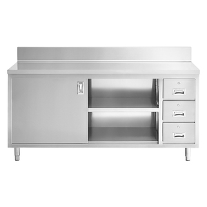 <span class=keywords><strong>Table</strong></span> de travail en acier inoxydable 304 avec base fermée, porte coulissante, tiroir, protection anti-éclaboussures, revêtement en silicone résistant à la chaleur, 650 kg/m, usage commercial - Product Image 1