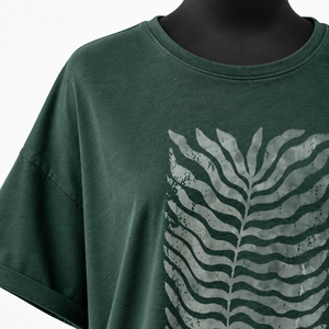เสื้อยืดสีเขียวทรงโอเวอร์ไซส์สำหรับผู้หญิง พิมพ์ลายใบไม้แบบนามธรรม สวมใส่สบายทรงหลวม ผ้าฝ้าย - Product Image 6