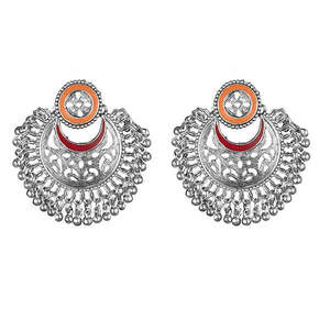 Kriaa <b>Fine</b> <b>Hoop</b> Afghani <b>Earrings</b> Orange and Red Meenakari Silver Plated 1311906K Model - Product Image 1