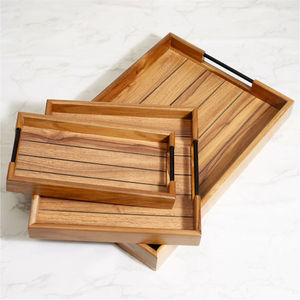 Juego de bandeja de servicio de diseñador de madera natural de 3 piezas Tecnología de artesanía decorativa de aspecto natural - Product Image 2