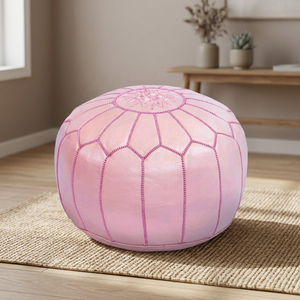Handmade Pink Round <b>Leather</b> Pouf Cushion <b>Cover</b> Bohemian Style Embroidered Stitched Design Home Decor - Product Image 1