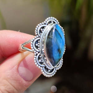 Handmade Boho Hippie Women's Sterling Silver <b>Ring</b> Natural Labradorite Gemstone Inlay <b>Statement</b> Gift for Her - Product Image 1