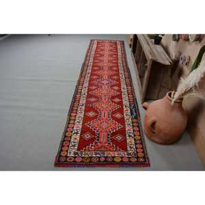 พรมขนแกะสีขาวสีแดงแบบดั้งเดิมดั้งเดิมขนาด2,8X12ฟุตสไตล์วินเทจสไตล์ตุรกีผืนใหญ่แบบแอบสแตรกต์รูปสี่เหลี่ยมผืนผ้าสำหรับห้องโถงห้องโถงห้องโถง - Product Image 1