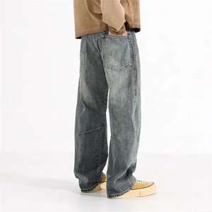 Jeans de mezclilla desgastados para hombres Grueso y liso Estampado negro con lavado ácido y bordado para jeans de mezclilla holgados crudos - Product Image 2