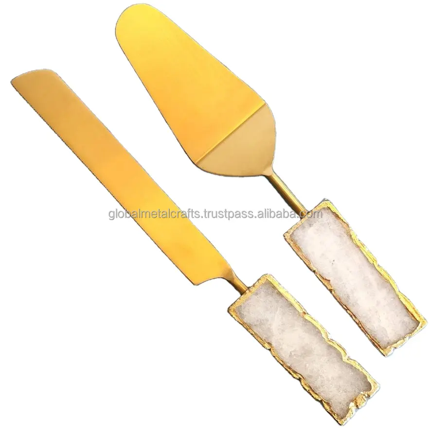 Conjunto de 2 facas para servir e cortar bolos, com cabo de quartzo de ágata, espátula para cortar bolos e facas para servir bolos, dourado