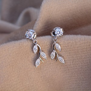 925 <b>Silver</b> Marquise Round Moissanite <b>Dangling</b> <b>Earrings</b> Leaf Design Push Back <b>Earrings</b> for Parties - Product Image 1